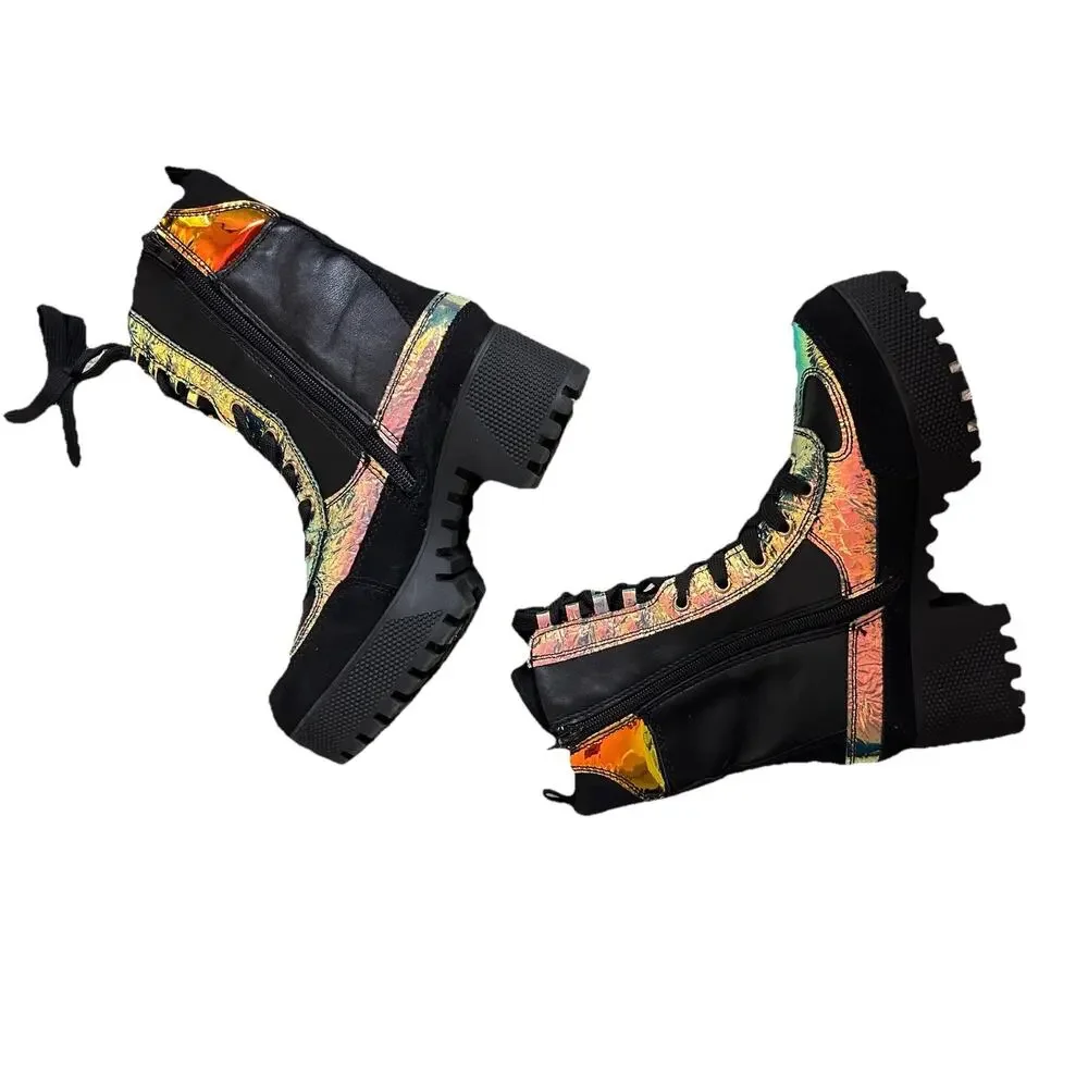 Bamboo Black Holographic Iridescent Platform Lug Sole Combat Boots Womens 7